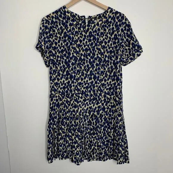Sea NY Leopard Mini Shift Dress Blue Silk Womens Size 4