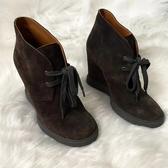 See by Chloe Boots Womens EU 36 US 6 Brown Black Suede Ankle Wedge Booties Shoes