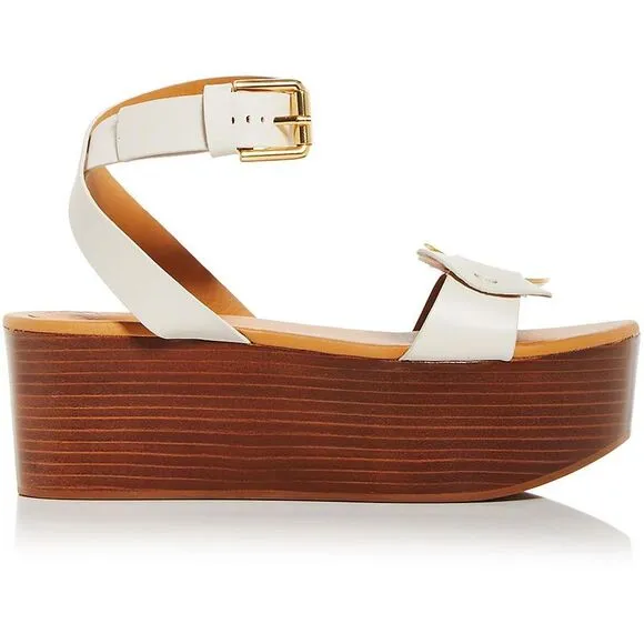See by Chloe Womens White Leather Buckle Flat Platform Sandals Shoes New