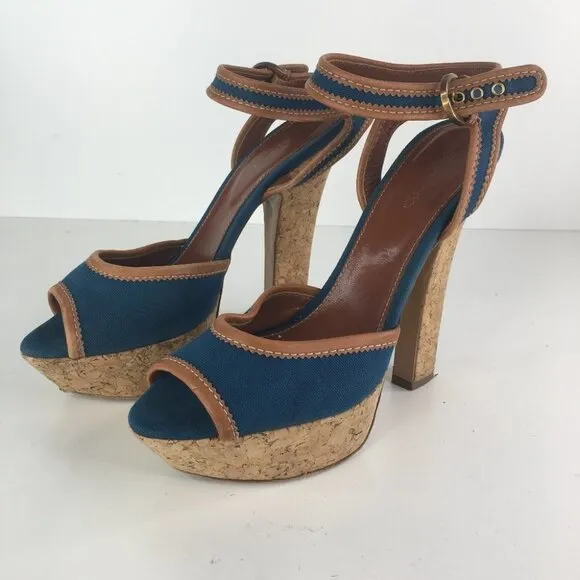 SERGIO ROSSI Blue/Brown Peep Toe Cork Platform Denim Sandal