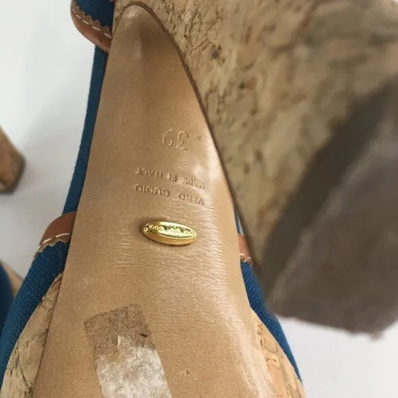 SERGIO ROSSI Blue/Brown Peep Toe Cork Platform Denim Sandal