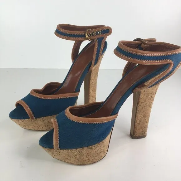 SERGIO ROSSI Blue/Brown Peep Toe Cork Platform Denim Sandal