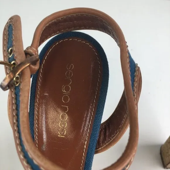 SERGIO ROSSI Blue/Brown Peep Toe Cork Platform Denim Sandal