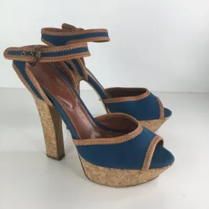 SERGIO ROSSI Blue/Brown Peep Toe Cork Platform Denim Sandal