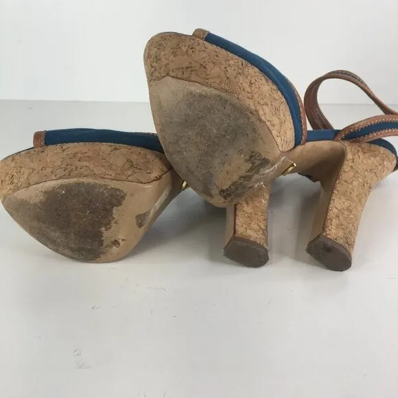 SERGIO ROSSI Blue/Brown Peep Toe Cork Platform Denim Sandal