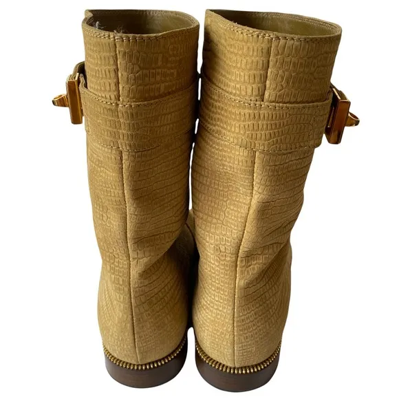 Sergio Rossi Camel Tan Flat Boots Gold Buckle Nubuck Textured Leather size 10 40