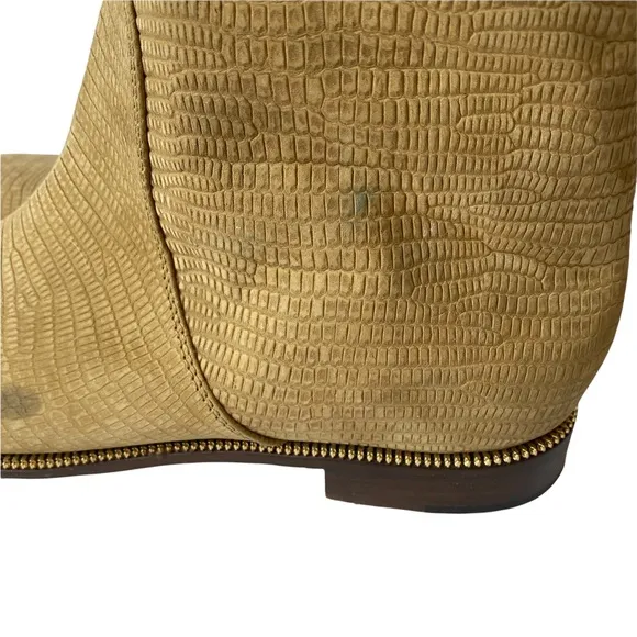 Sergio Rossi Camel Tan Flat Boots Gold Buckle Nubuck Textured Leather size 10 40