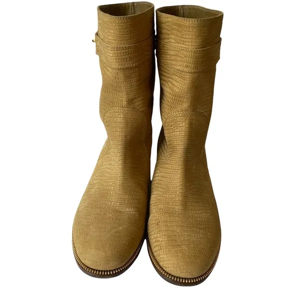 Sergio Rossi Camel Tan Flat Boots Gold Buckle Nubuck Textured Leather size 10 40
