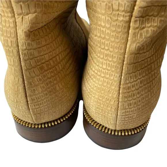 Sergio Rossi Camel Tan Flat Boots Gold Buckle Nubuck Textured Leather size 10 40