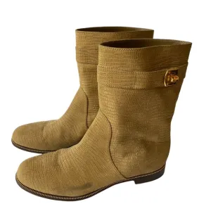 Sergio Rossi Camel Tan Flat Boots Gold Buckle Nubuck Textured Leather size 10 40