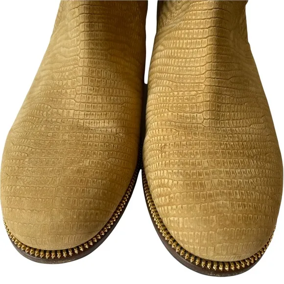 Sergio Rossi Camel Tan Flat Boots Gold Buckle Nubuck Textured Leather size 10 40