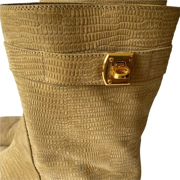 Sergio Rossi Camel Tan Flat Boots Gold Buckle Nubuck Textured Leather size 10 40
