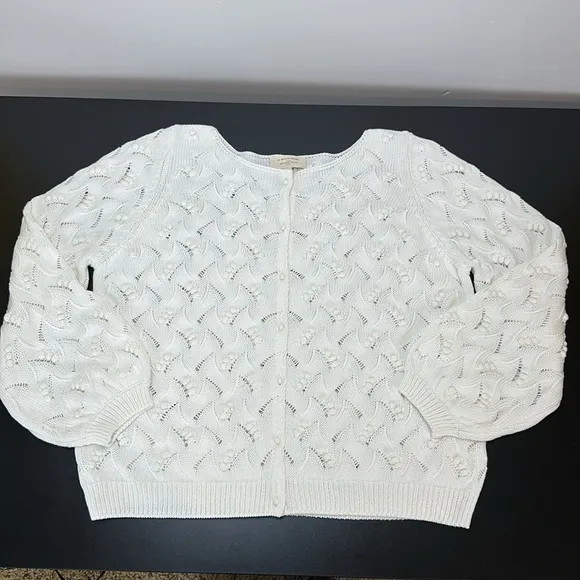 Sezane Ecru Marthe Fancy Knit Organic Cotton Button Cardigan XL Bobble Detailing