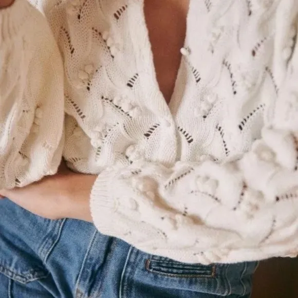 Sezane Ecru Marthe Fancy Knit Organic Cotton Button Cardigan XL Bobble Detailing