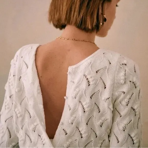 Sezane Ecru Marthe Fancy Knit Organic Cotton Button Cardigan XL Bobble Detailing