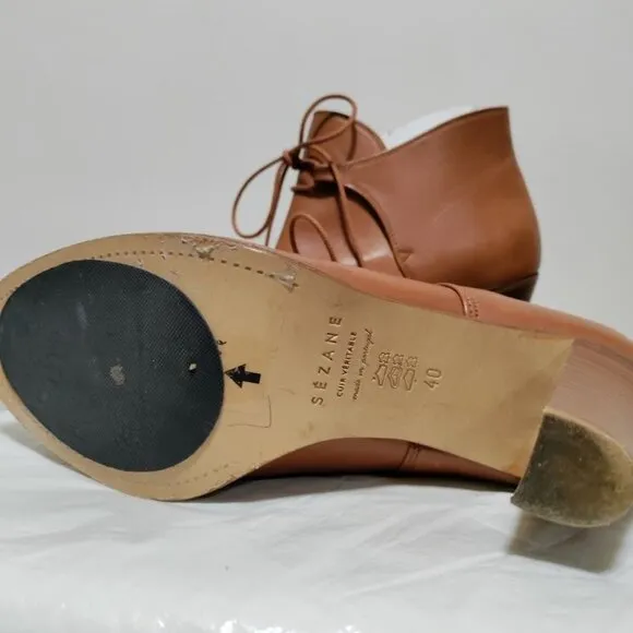 Sezane Leather Artsey Lagenlook Boho Low Hunter Ankle Boots Brown Size 40/9