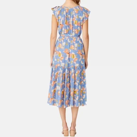 Shoshanna Peony Floral Tiered Midi Dress - Slate Blue Multi