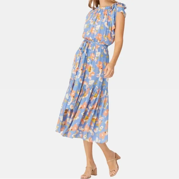 Shoshanna Peony Floral Tiered Midi Dress - Slate Blue Multi