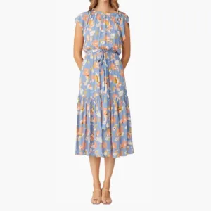 Shoshanna Peony Floral Tiered Midi Dress - Slate Blue Multi