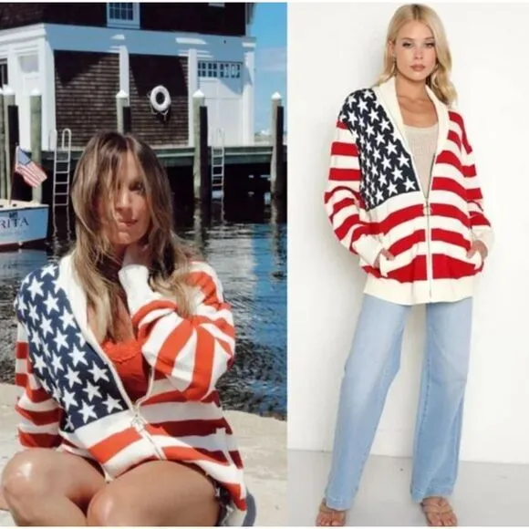 Show Me Your Mumu Zippy Cardigan Sweater American Knit Full Zip American Flag XL