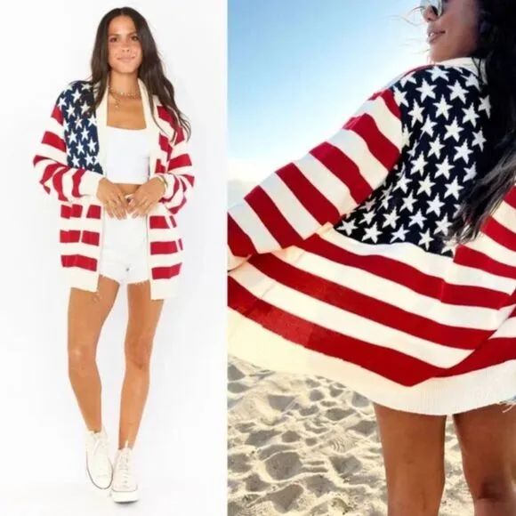 Show Me Your Mumu Zippy Cardigan Sweater American Knit Full Zip American Flag XL