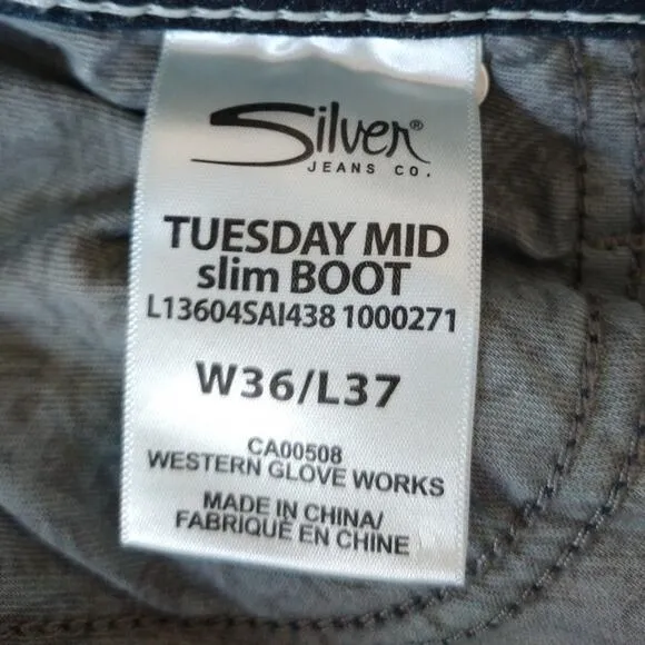 Silver Tuesday Jeans Mid Rise Slim Boot Size 36 Tall Stretch