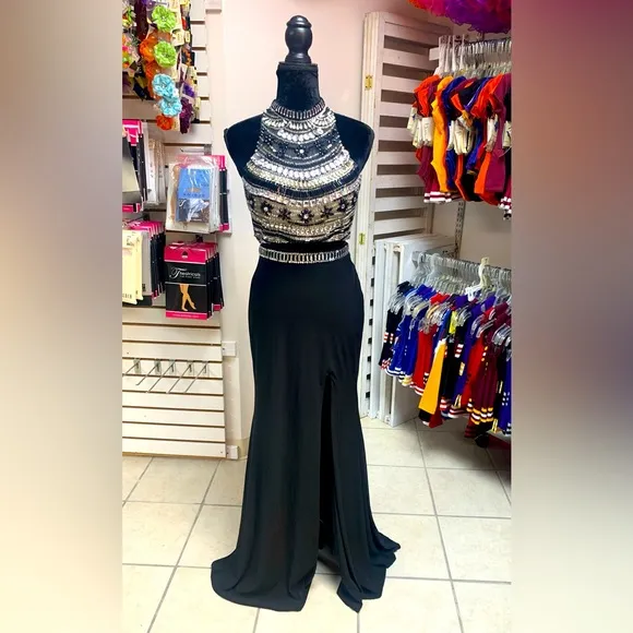 Size 8 Black &amp; Silver Beaded 2 Pc Prim Homecoming Pageant Evening Gown Dress