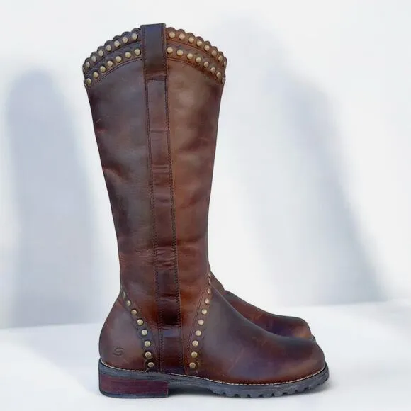 Skechers 7.5 Crazy Horse Studded Scallop Trim Brown Leather Knee High Pull Boots