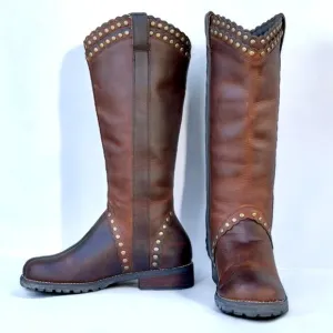 Skechers 7.5 Crazy Horse Studded Scallop Trim Brown Leather Knee High Pull Boots