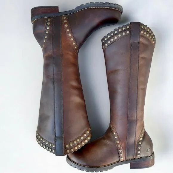 Skechers 7.5 Crazy Horse Studded Scallop Trim Brown Leather Knee High Pull Boots