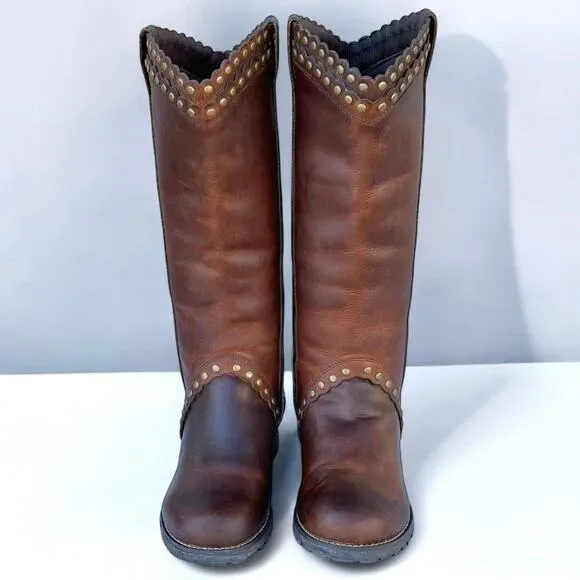 Skechers 7.5 Crazy Horse Studded Scallop Trim Brown Leather Knee High Pull Boots