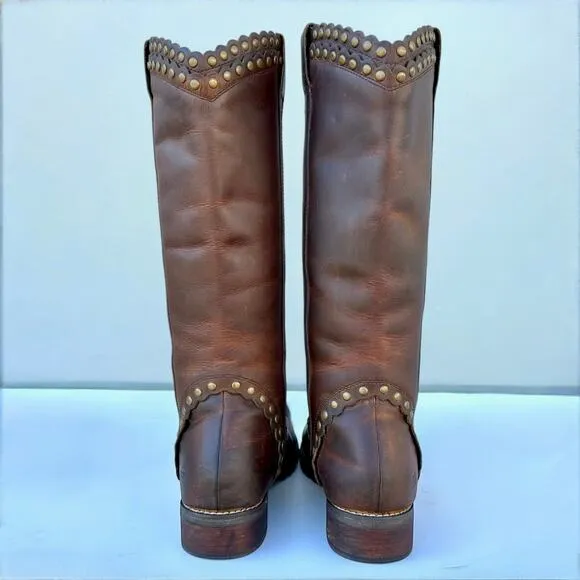 Skechers 7.5 Crazy Horse Studded Scallop Trim Brown Leather Knee High Pull Boots