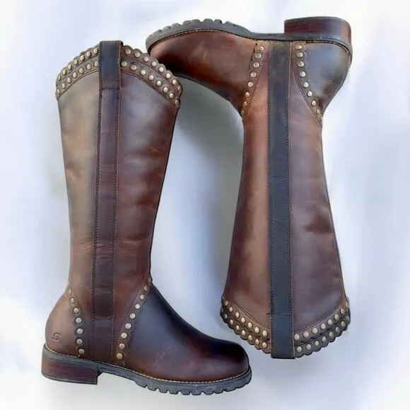Skechers 7.5 Crazy Horse Studded Scallop Trim Brown Leather Knee High Pull Boots
