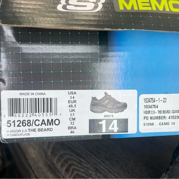 Skechers Men's The Beard Camouflage Memory Foam Shoes Size 14. New in box.