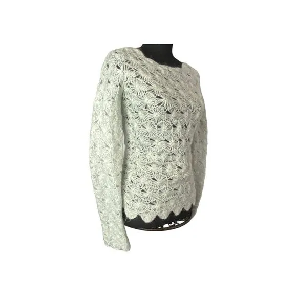 SLEEPING ON SNOW Crochet Snowflake Lightweight Mohair Blend Sweater Green M 16-5