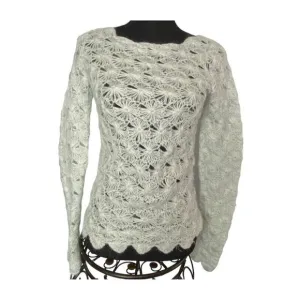 SLEEPING ON SNOW Crochet Snowflake Lightweight Mohair Blend Sweater Green M 16-5