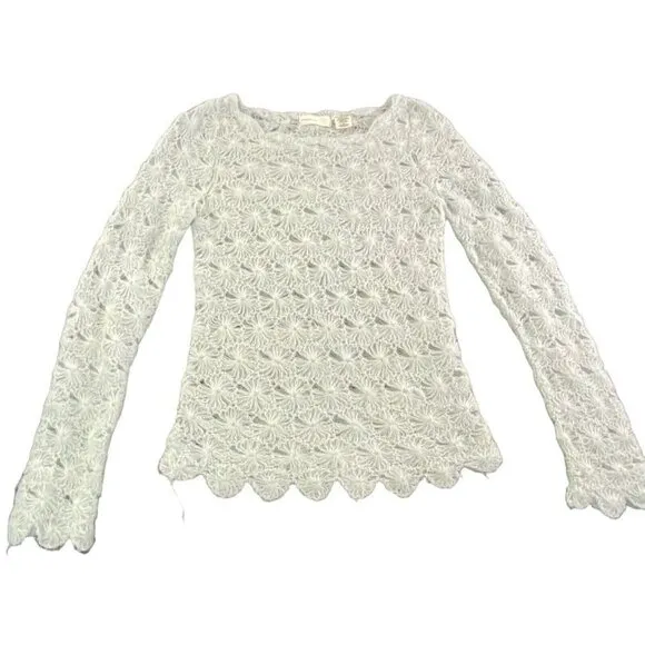 SLEEPING ON SNOW Crochet Snowflake Lightweight Mohair Blend Sweater Green M 16-5
