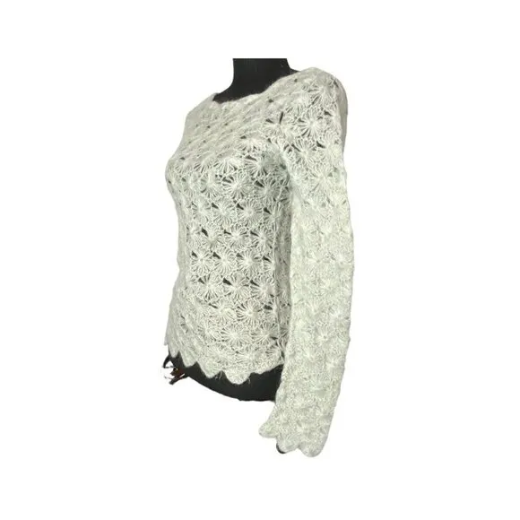 SLEEPING ON SNOW Crochet Snowflake Lightweight Mohair Blend Sweater Green M 16-5