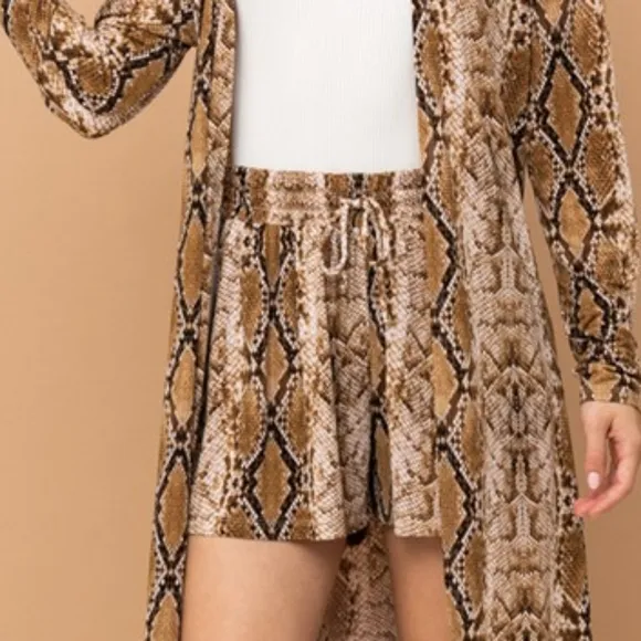Snake Print Long Cardigan and Shorts Set