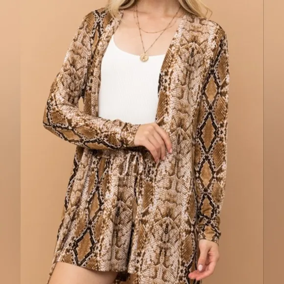 Snake Print Long Cardigan and Shorts Set