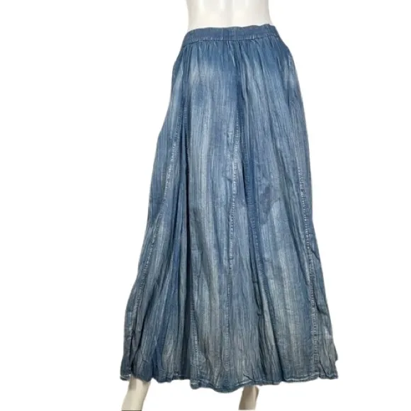 Soft Surroundings, Silverton Crinkled Chambray Broomstick Maxi Skirt