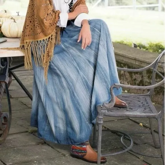 Soft Surroundings, Silverton Crinkled Chambray Broomstick Maxi Skirt