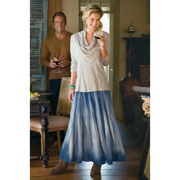 Soft Surroundings, Silverton Crinkled Chambray Broomstick Maxi Skirt