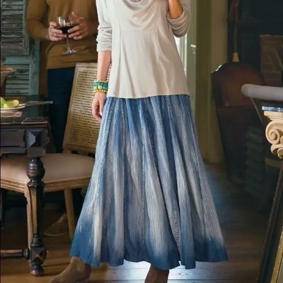 Soft Surroundings, Silverton Crinkled Chambray Broomstick Maxi Skirt