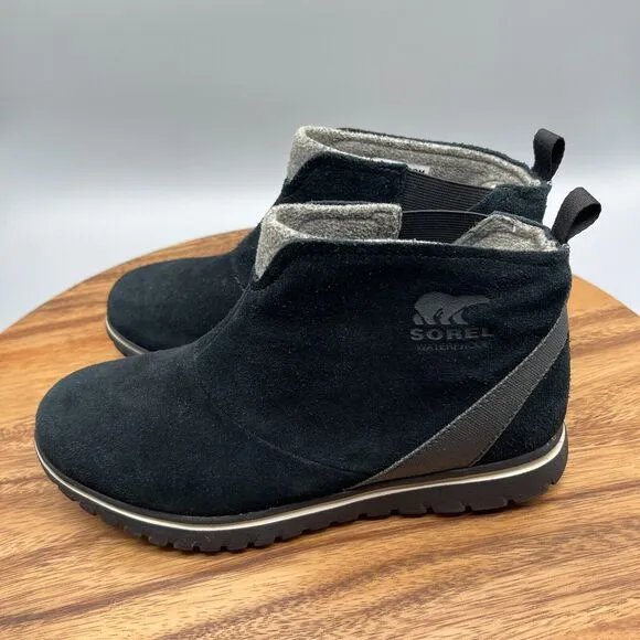 Sorel Cozy Short Boots Womens Size 6.5 Black Suede Leather Booties Pull On