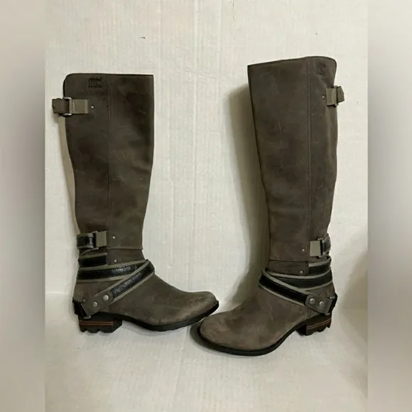 Sorel Lolla Tall grey pebble leather waterproof boots 7.5