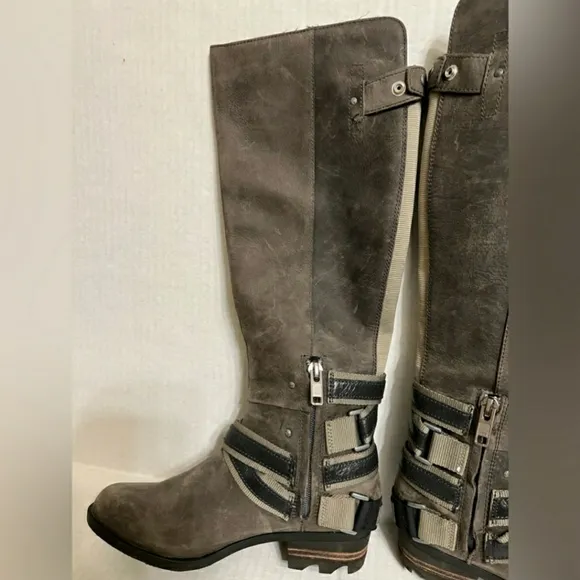 Sorel Lolla Tall grey pebble leather waterproof boots 7.5