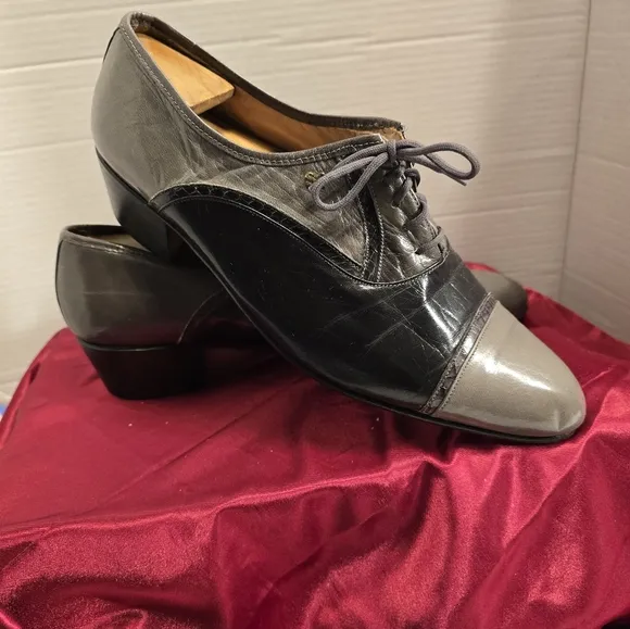 STACEY ADAMS RARE VINTAGE 2 TONE LEATHER WITH HEELS MEN'S SHOES GRAY/BLACK SZ.11