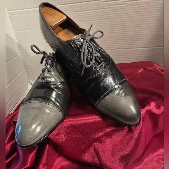 STACEY ADAMS RARE VINTAGE 2 TONE LEATHER WITH HEELS MEN'S SHOES GRAY/BLACK SZ.11