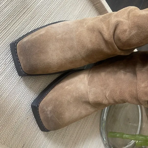Steve Madden Pia Tan Suede Leather Stacked Heel Boots